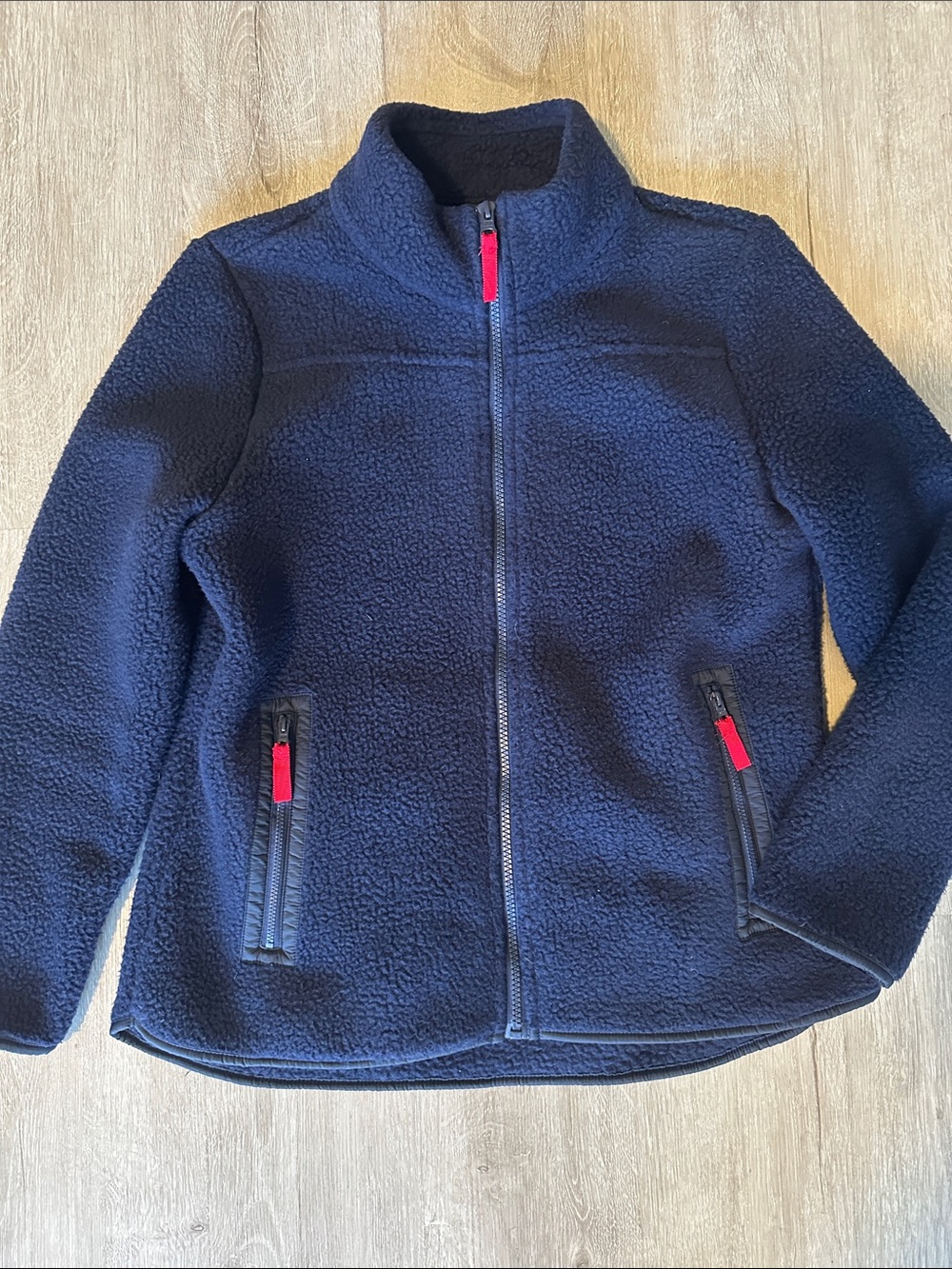 Talbots Navy Blue Sherpa Fleece Zippered Jacket with Red Zip Pulls Size Medium P